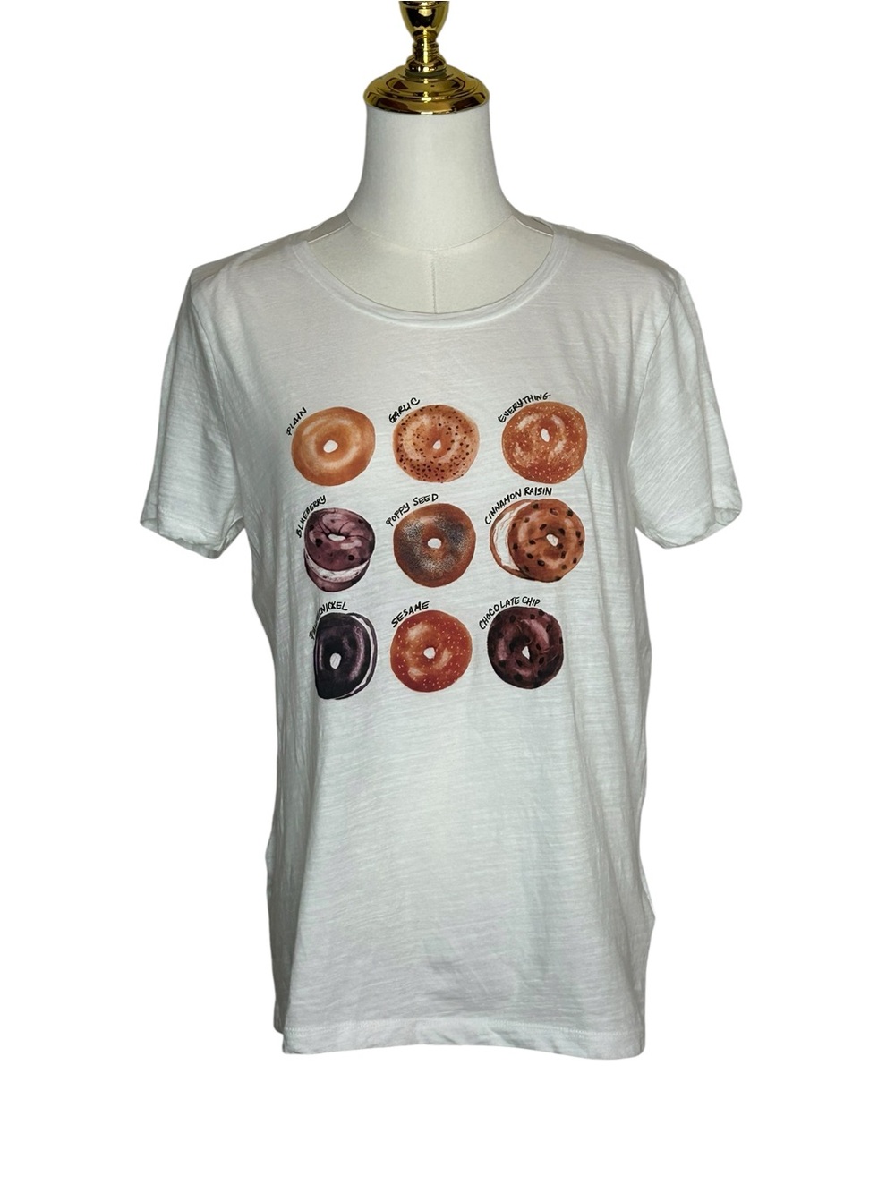 J. Crew Quirky Preppy White Collector Tee Bagel Graphic Sz M Whimsical Foodie